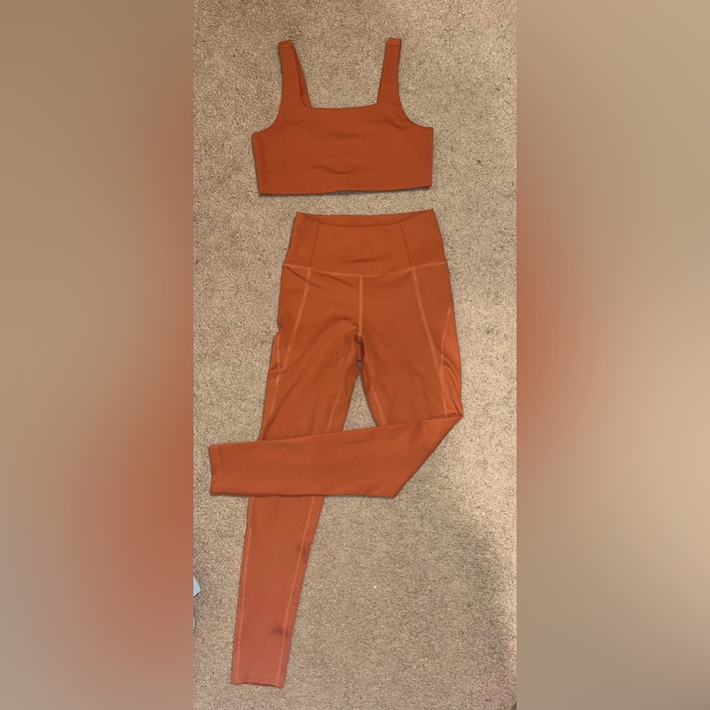 Girlfriend Collective High Waist Compressive Leggings and Tommy Bra in Brick